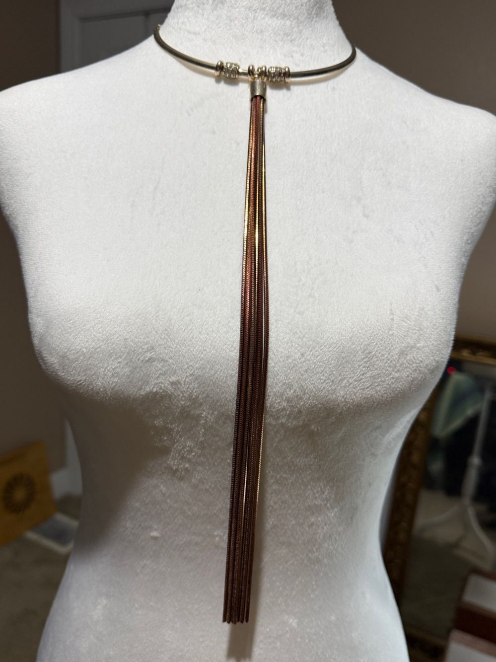 Gold Tone Choker Necklace Long Metallic Brown Chain Fringe Tassel Statement